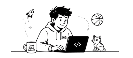 Krushn coding at his desk with a cat, rocket, and basketball doodles