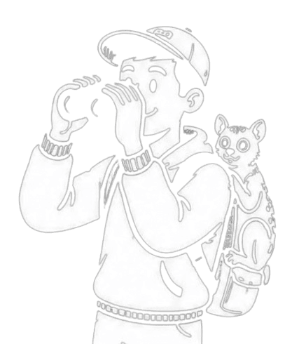 Krushn looking through cupped hands with a lemur on his backpack