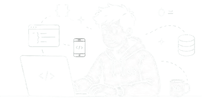 Krushn coding at his laptop surrounded by app and database icons